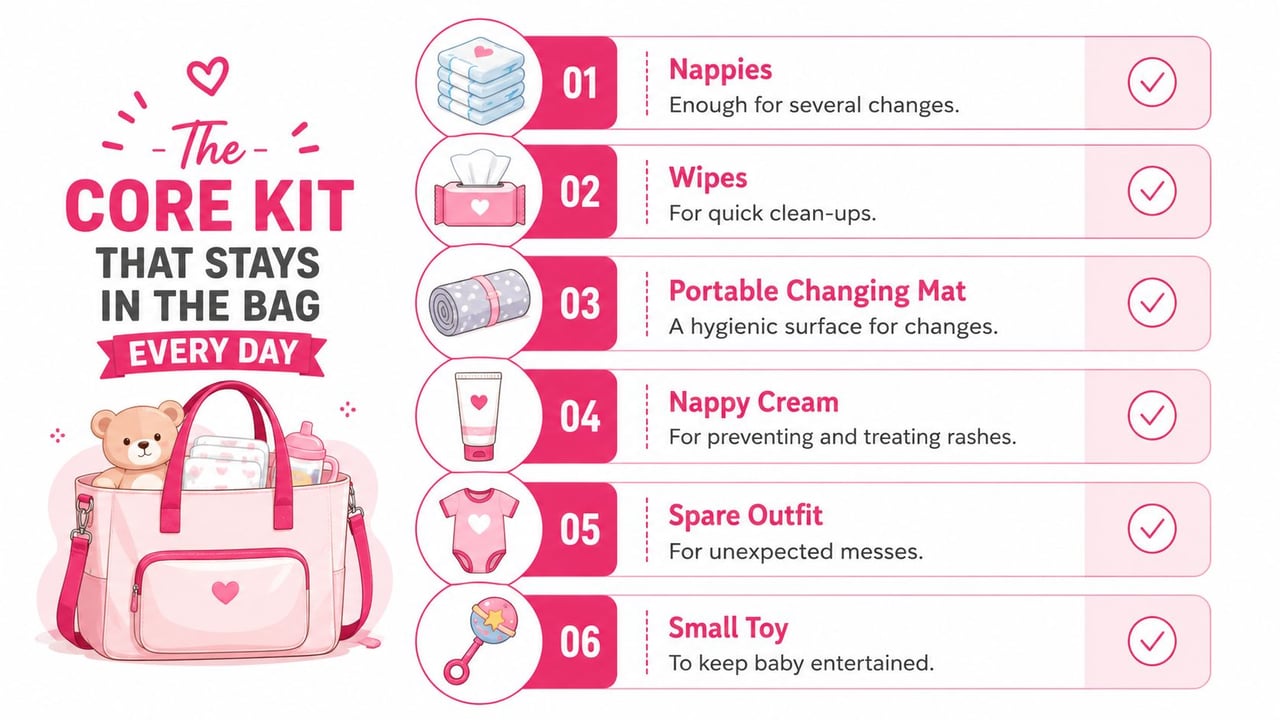 A helpful infographic showing the six essential items to keep in a baby diaper bag every day.