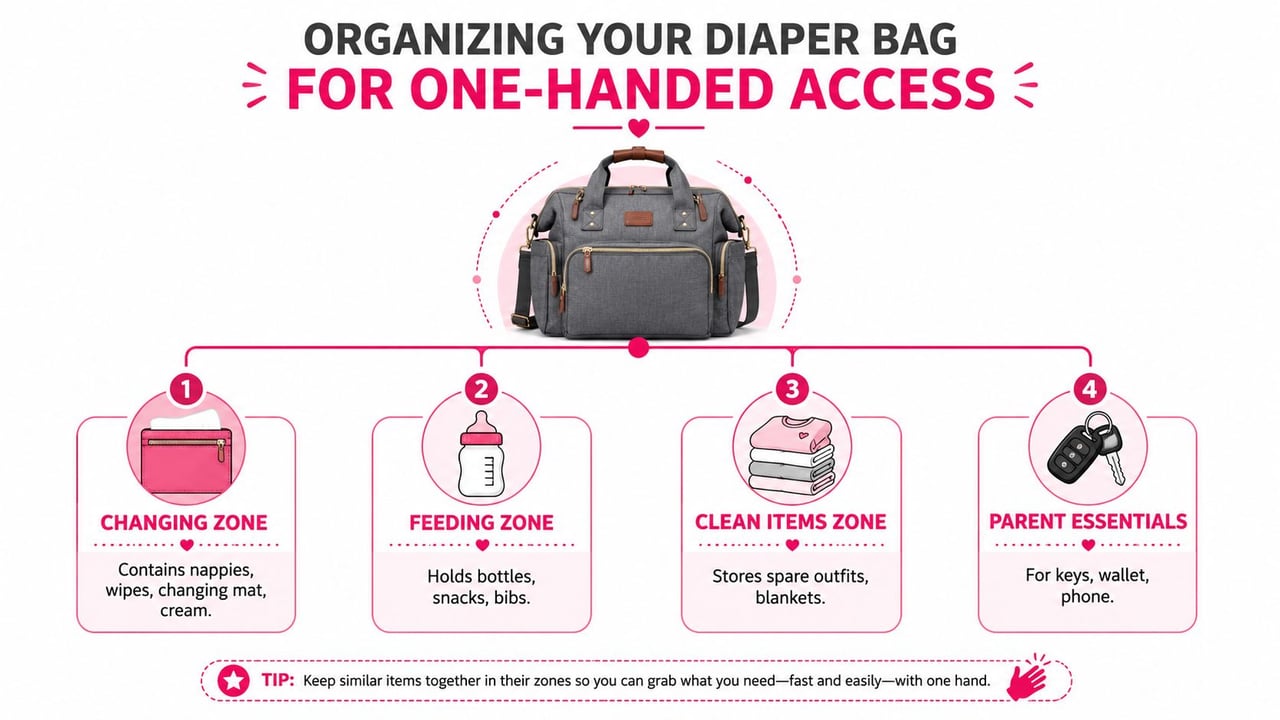 A diagram illustrating how to organize a grey diaper bag with four designated zones for baby supplies.