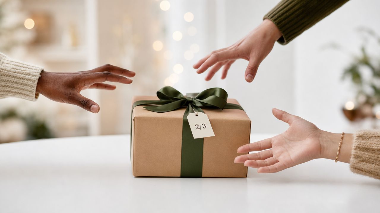 Multiple hands reaching for a gift box wrapped in brown paper with a green ribbon and tag.