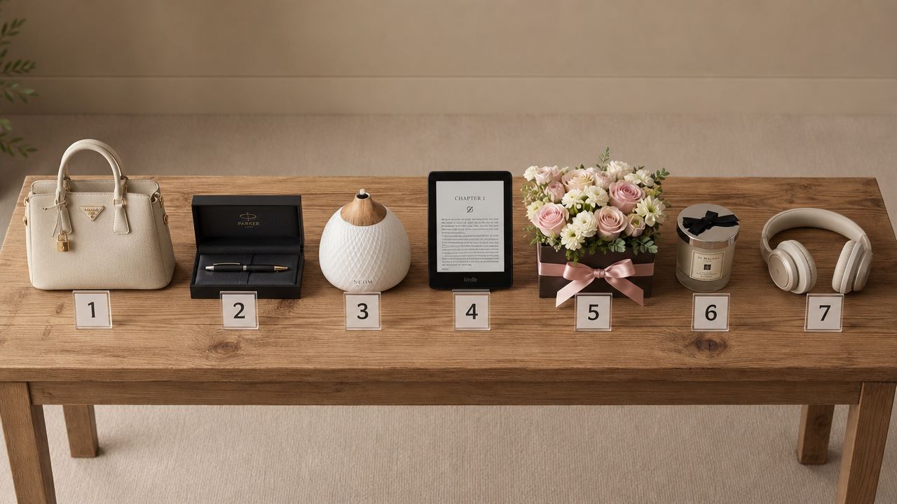 A wooden table showcasing seven gift items numbered one to seven, including a handbag, pen, diffuser, kindle, flowers, candle, and headphones.