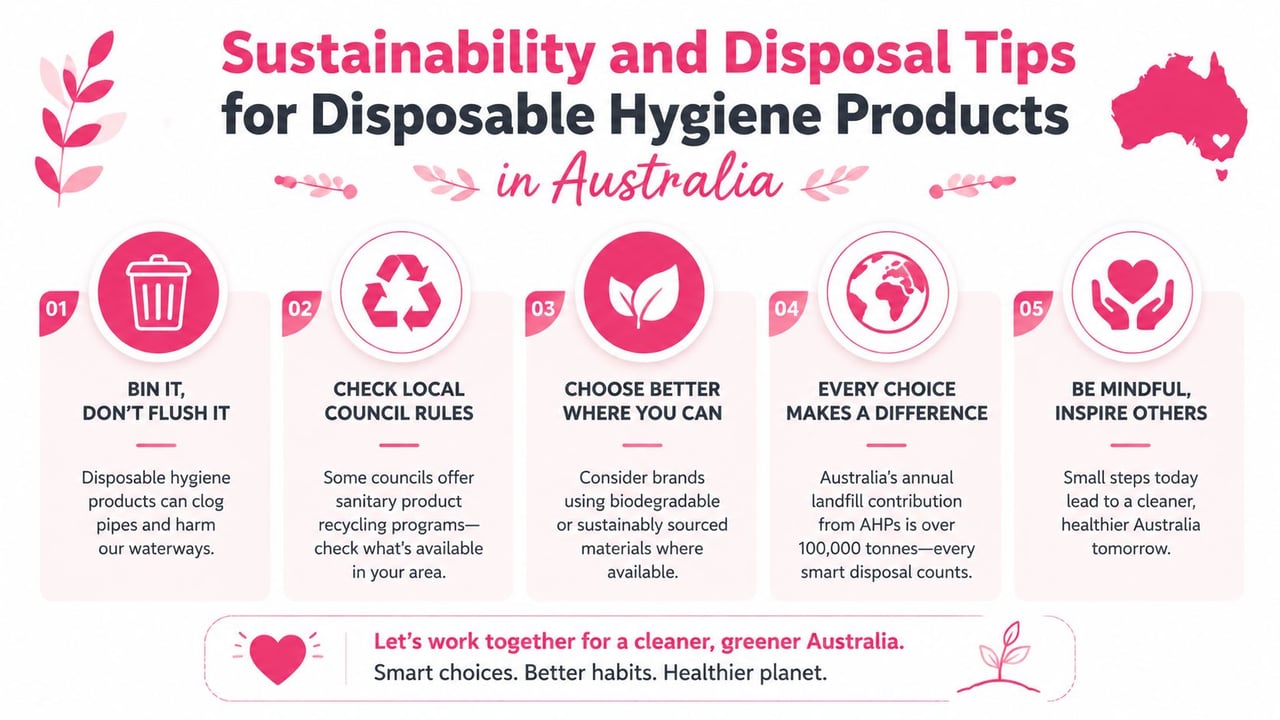 An infographic titled Sustainability and Disposal Tips for Disposable Hygiene Products in Australia with five actionable tips.