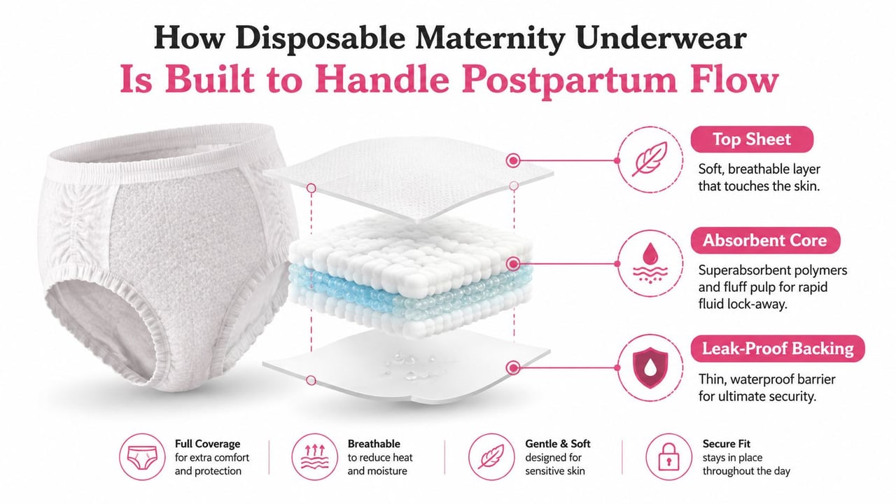A diagram explaining the layered construction of disposable maternity underwear with soft top sheet and absorbent core.
