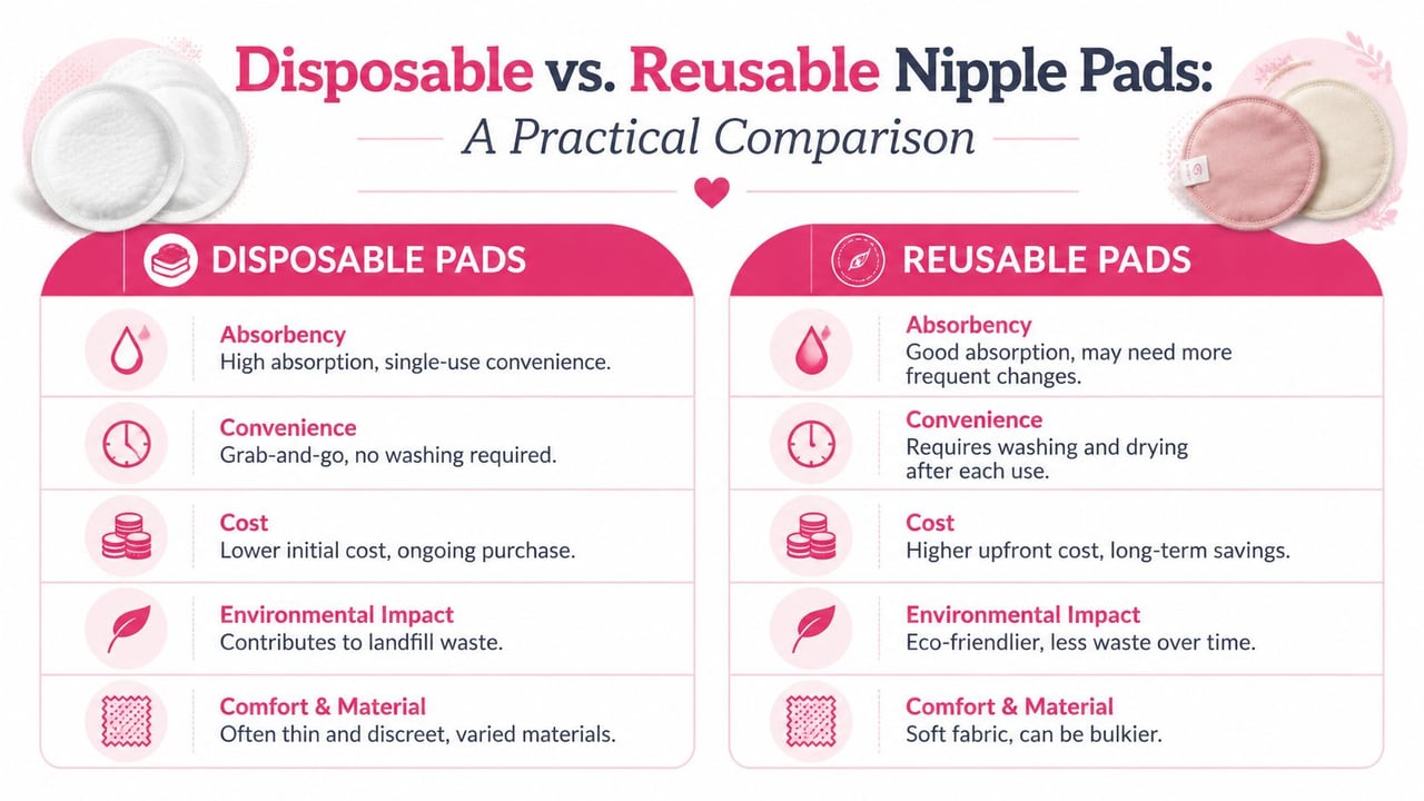 A comparison chart outlining the pros and cons of disposable versus reusable breast or nipple pads.