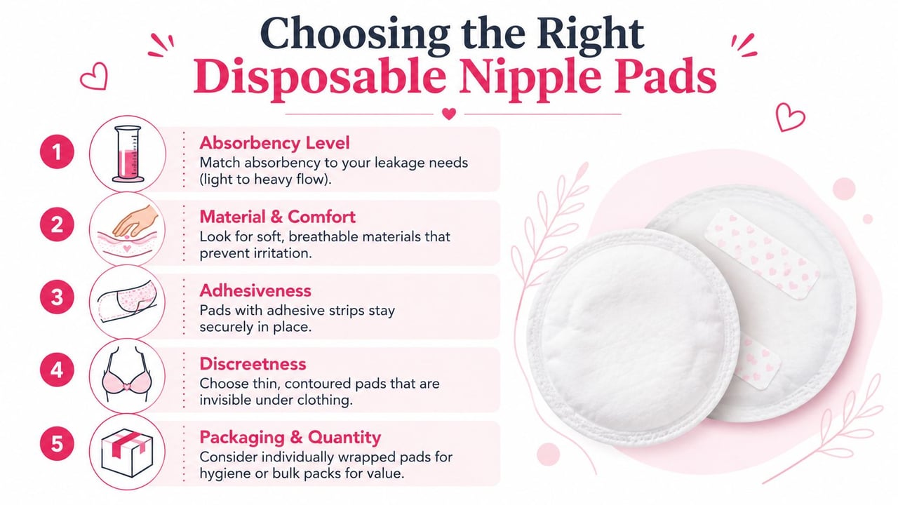 An informative infographic illustrating five key factors for choosing the right disposable nipple pads for breastfeeding mothers.
