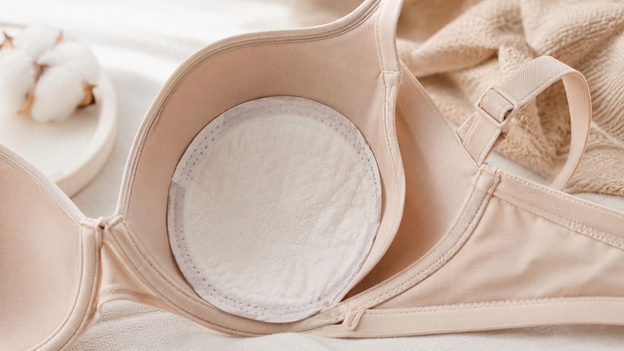A beige nursing bra with a disposable absorbent nipple pad placed inside the cup on a white cloth.