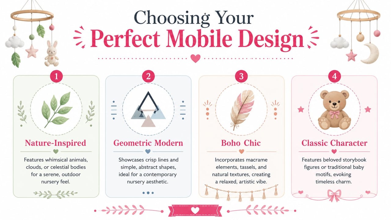 An infographic titled Choosing Your Perfect Mobile Design, displaying four distinct styles of baby nursery crib mobiles.