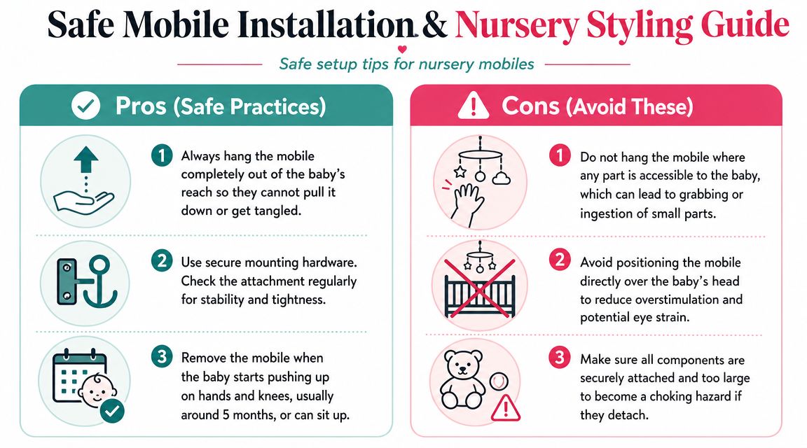 A safety infographic guide for installing and styling nursery mobiles to ensure baby safety and comfort.