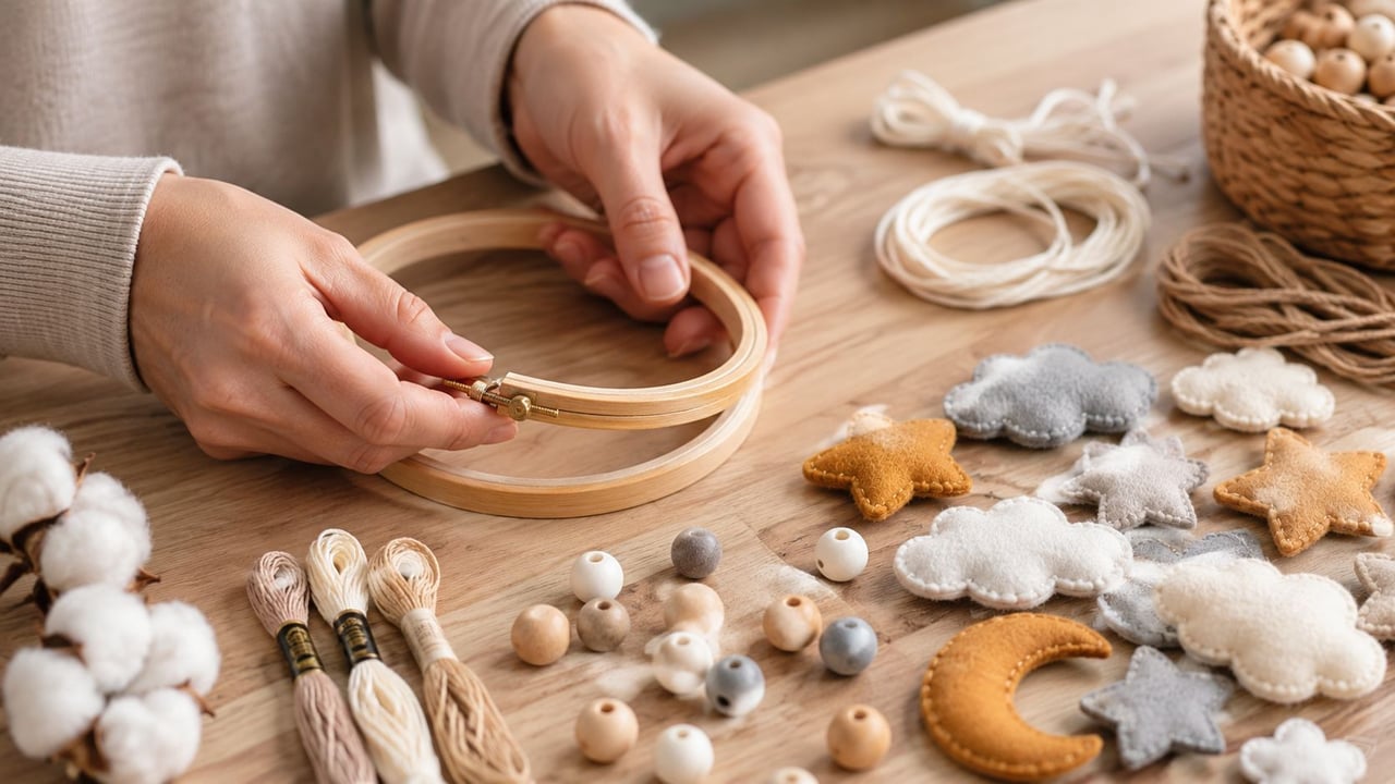 A person crafting a custom DIY baby mobile using a wooden embroidery hoop, felt shapes, and beads.