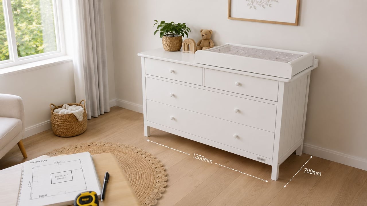 A modern white nursery dresser and changing table placed against a wall with wooden flooring.