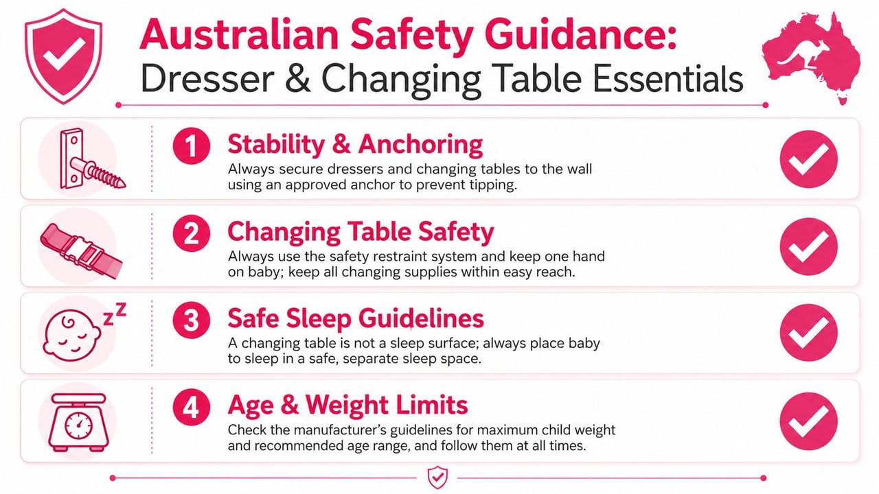 A safety infographic titled Australian Safety Guidance highlighting essential tips for using dressers and changing tables correctly.