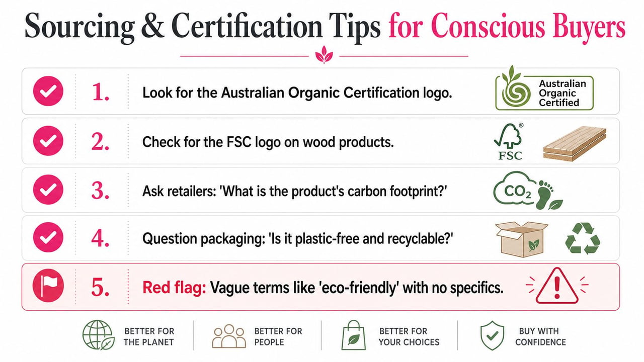 An infographic titled Sourcing and Certification Tips for Conscious Buyers featuring five helpful sustainable shopping tips.