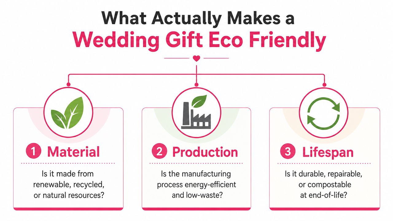 An infographic detailing the three key factors that make a wedding gift eco-friendly: material, production, and lifespan.