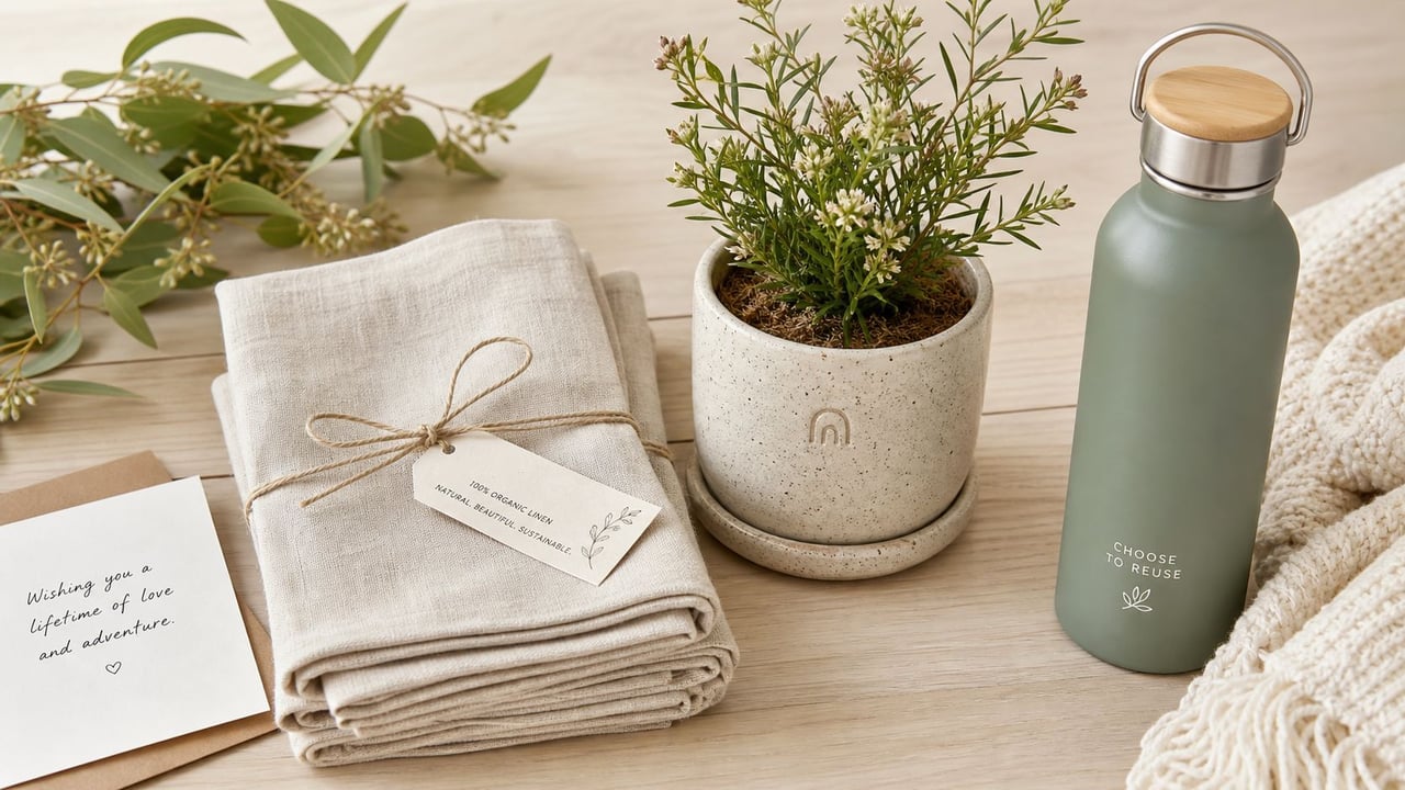 A curated collection of eco-friendly wedding gifts including organic linen, a houseplant, and a reusable water bottle.