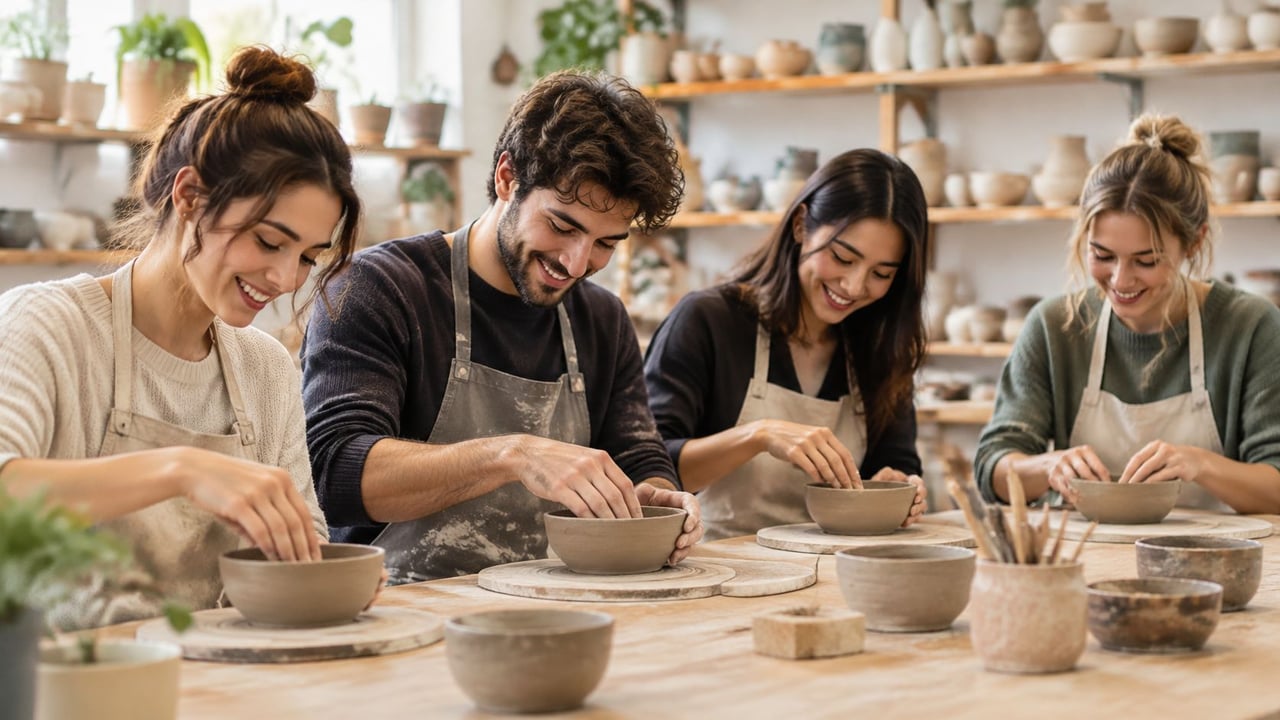 Friends making clay bowls together at a pottery workshop.