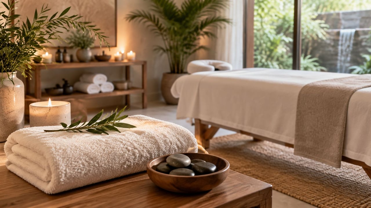 A massage room with a treatment table, folded towels and soft lighting.