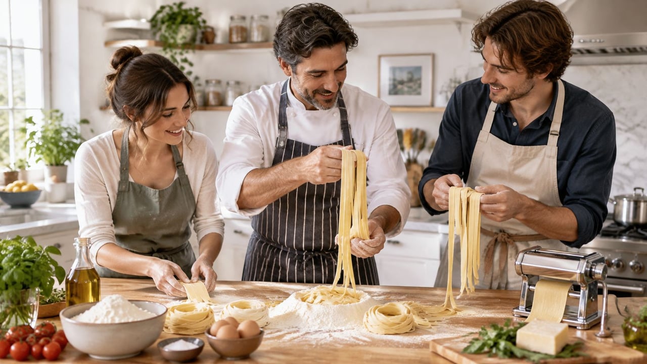 Three people in aprons preparing pasta together in a bright kitchen.