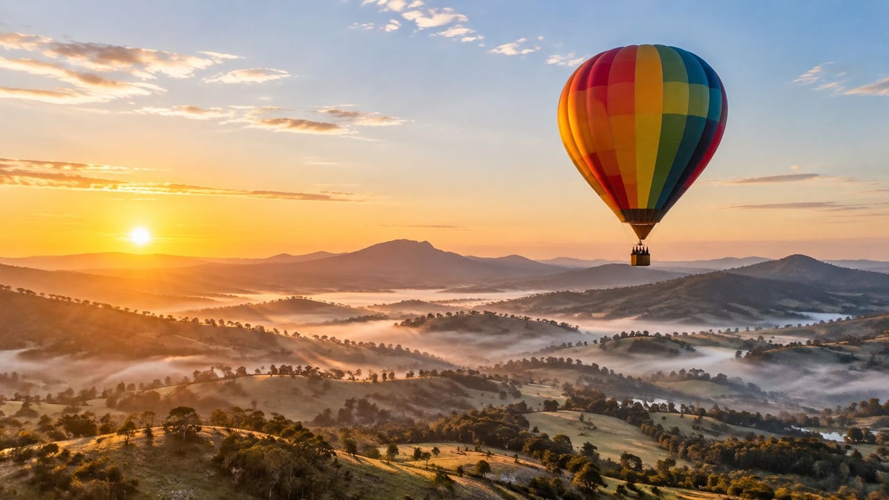 A colourful hot air balloon above a misty landscape at sunrise.