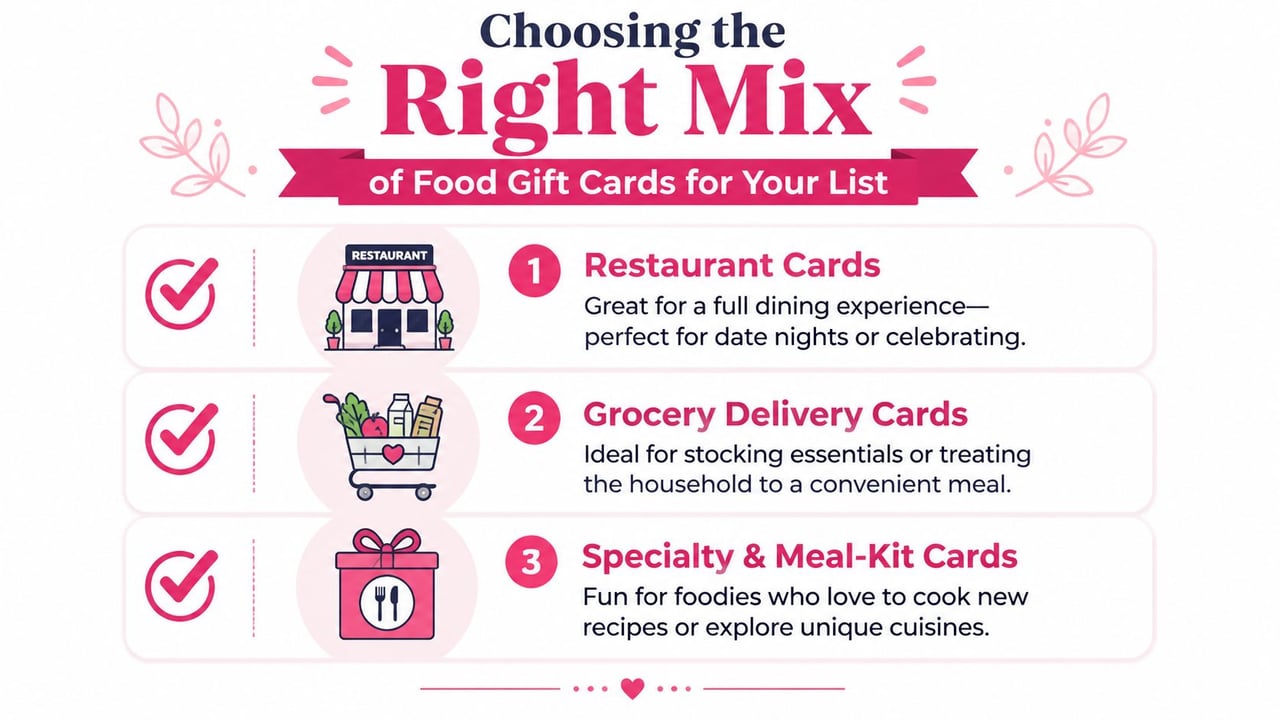 A guide illustrating three types of food gift cards: restaurant dining, grocery delivery, and meal-kit services.