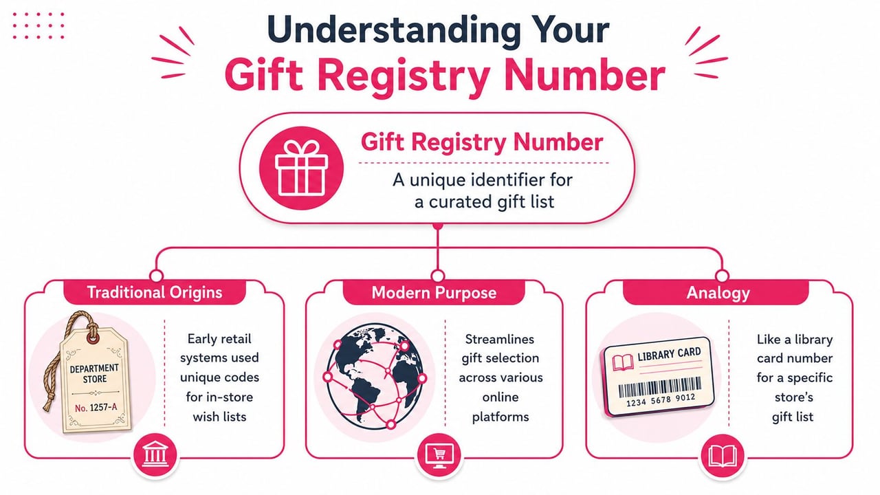 An infographic explaining the definition, origins, modern purpose, and an analogy for a gift registry number.
