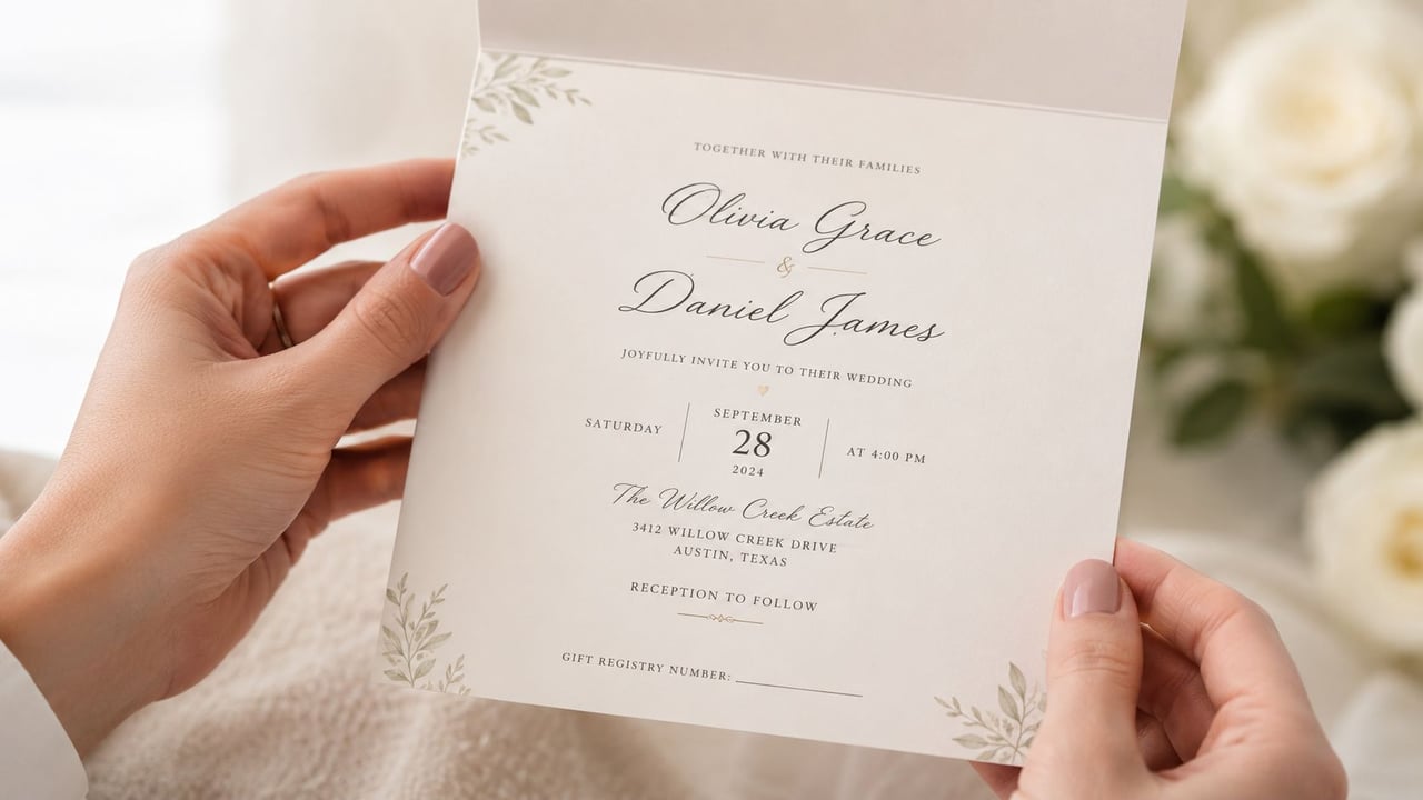 A pair of hands holding an elegant wedding invitation card with floral accents and cream background.