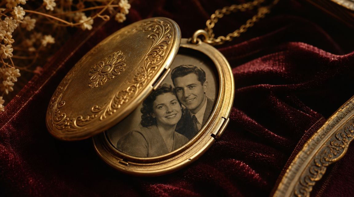 An antique golden locket lying on dark red velvet featuring a vintage photograph of a smiling couple.