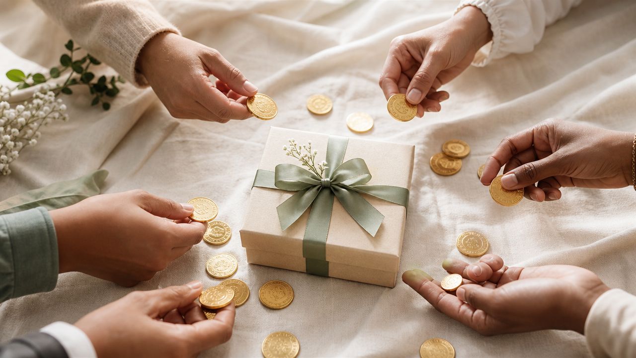 Multiple hands arranging gold coins around a wrapped gift box on a white fabric surface