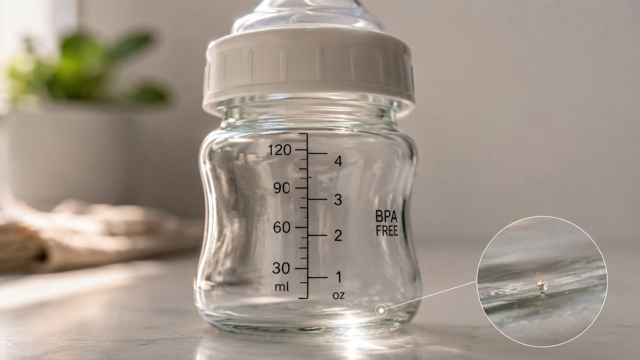 A clear glass baby bottle with measurement markings, showing a close-up detail of the material quality.