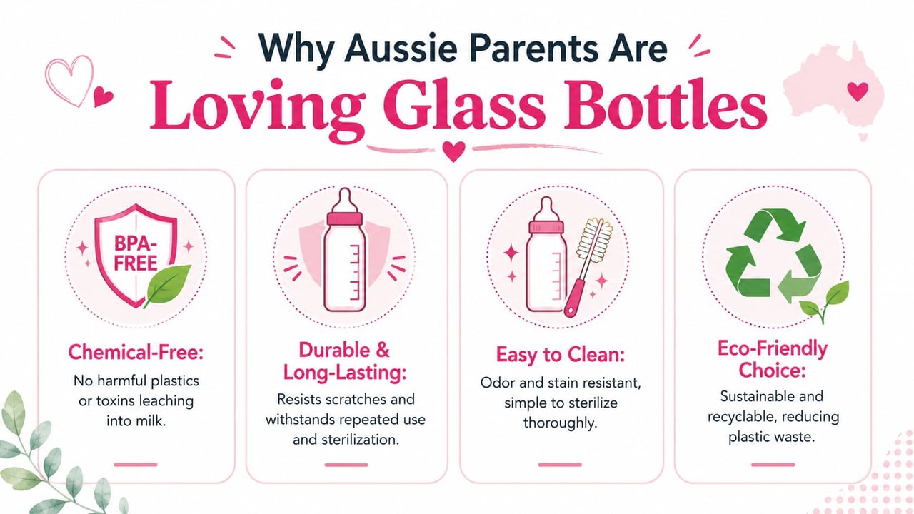 An infographic highlighting the benefits of using glass baby bottles for parents, including safety and eco-friendly features.
