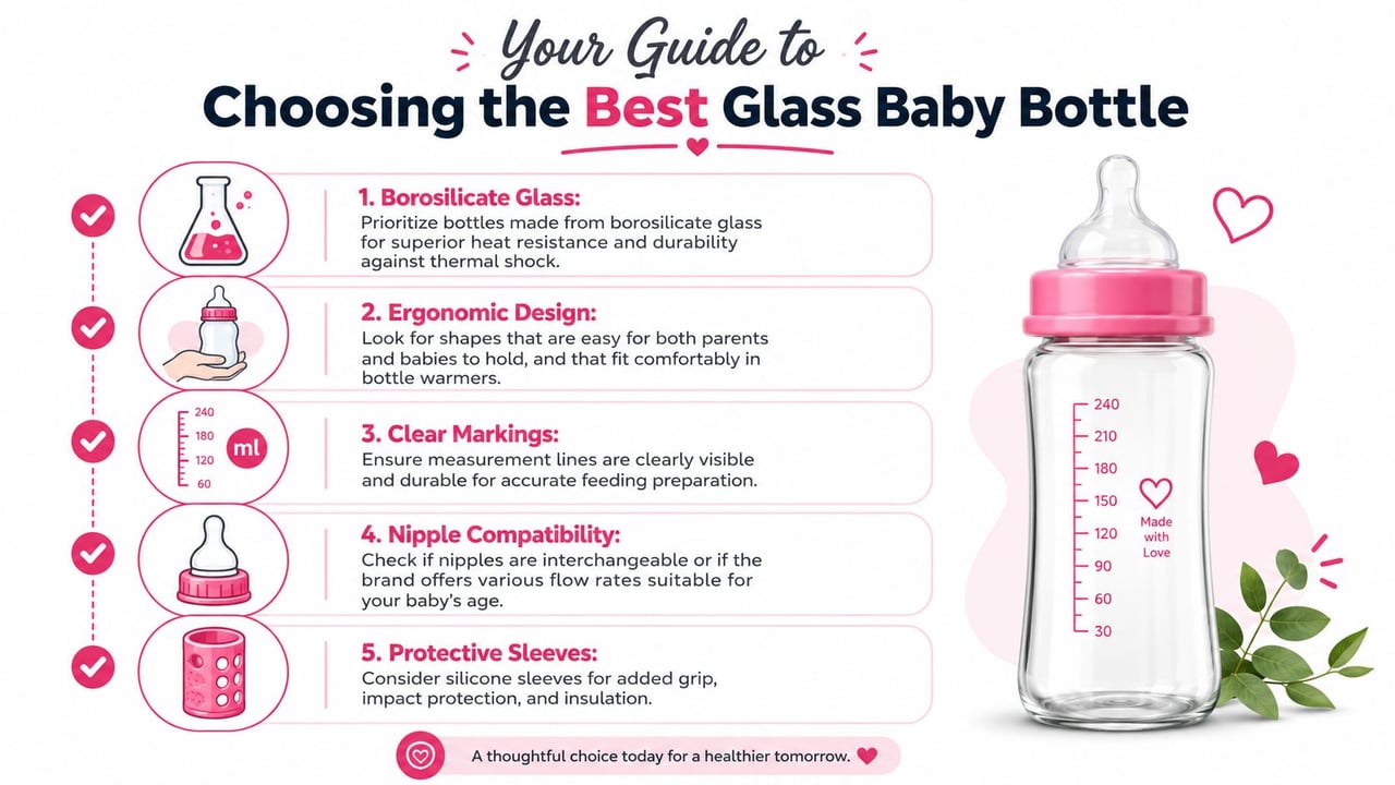 A helpful infographic guide outlining five key tips for choosing the best glass baby bottles for infants.