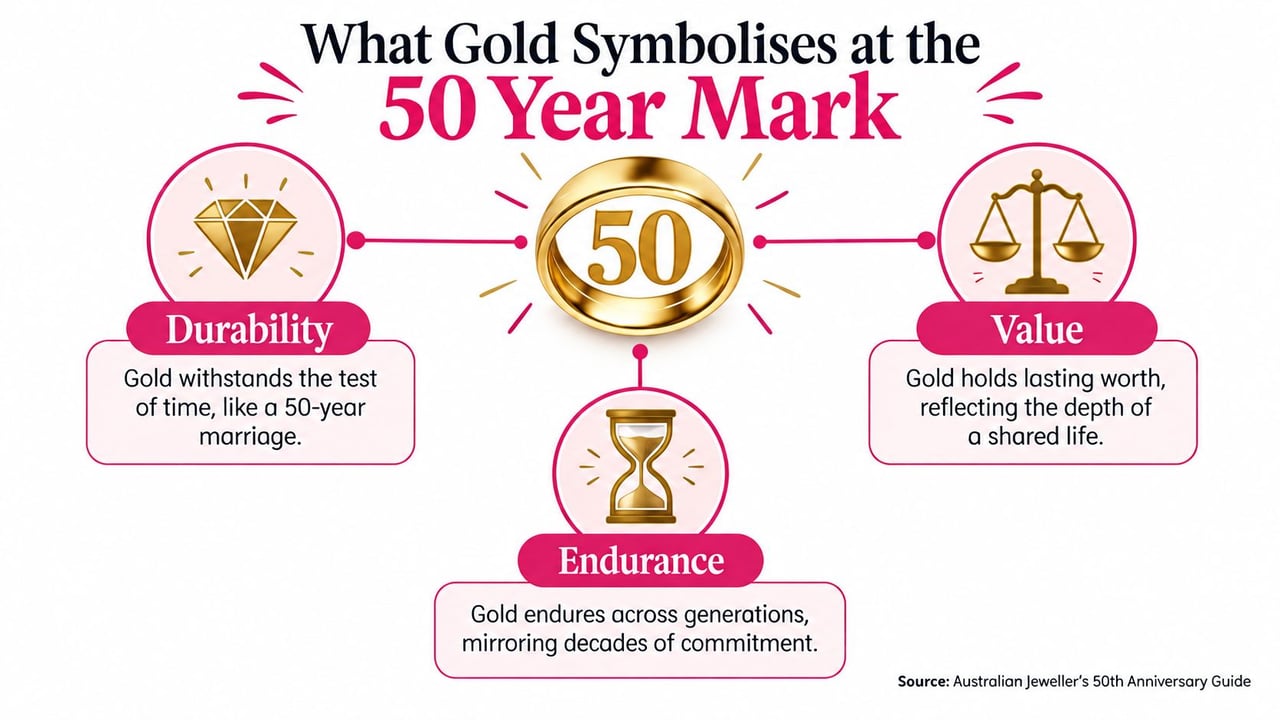 An infographic explaining the symbolism of gold for a 50th wedding anniversary, highlighting durability, value, and endurance.
