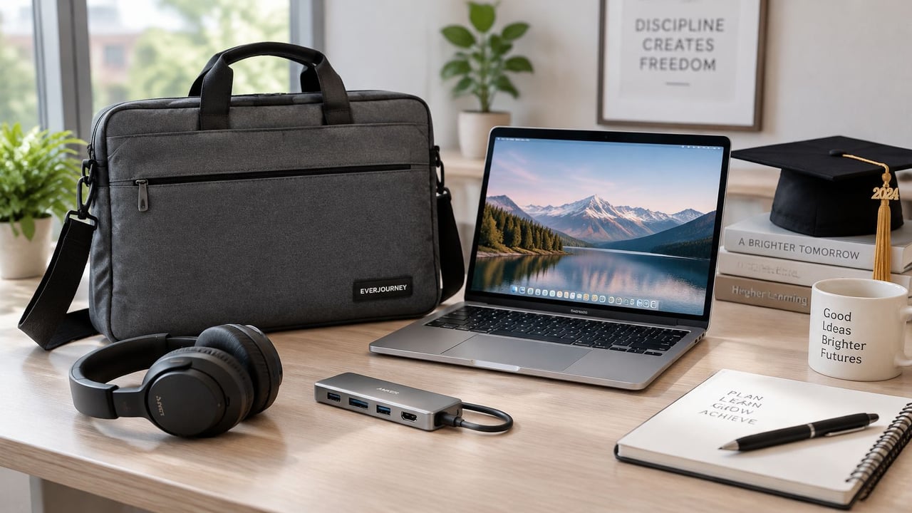 A professional desk setup featuring a laptop, computer accessories, graduation cap, and a bag for students.