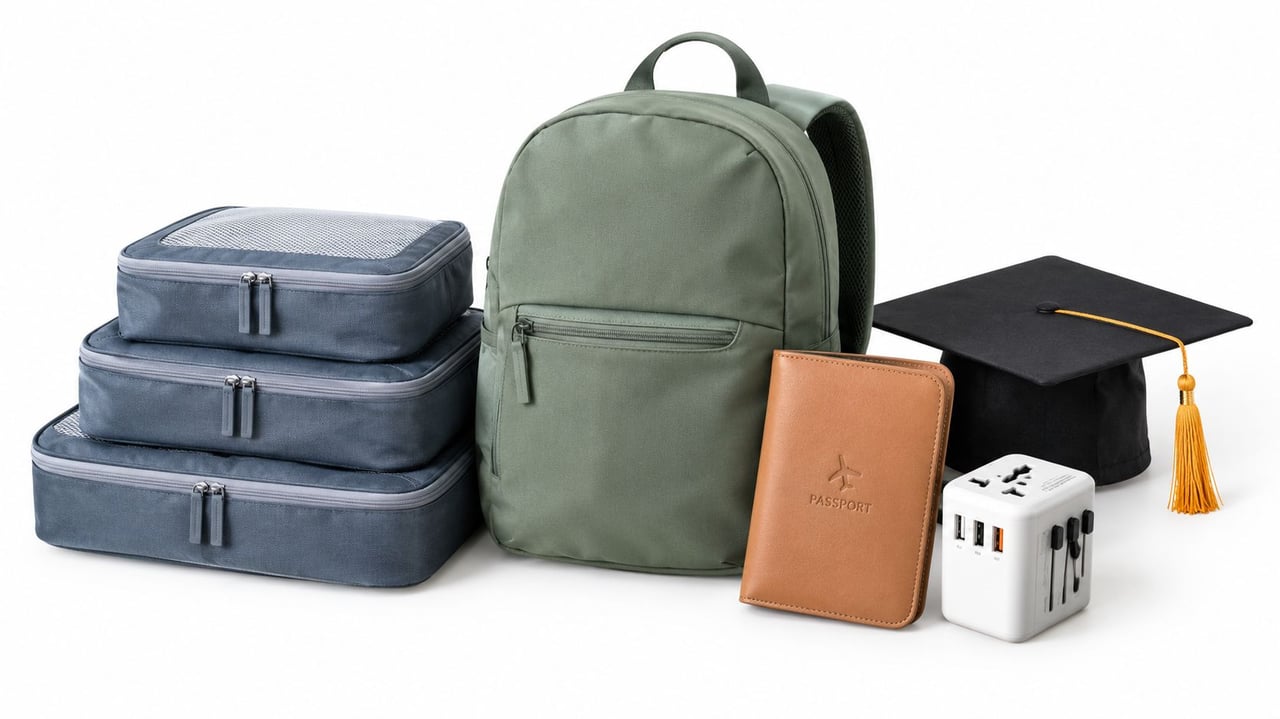 A travel backpack, packing cubes, a passport holder, a travel adapter, and a graduation cap on white.