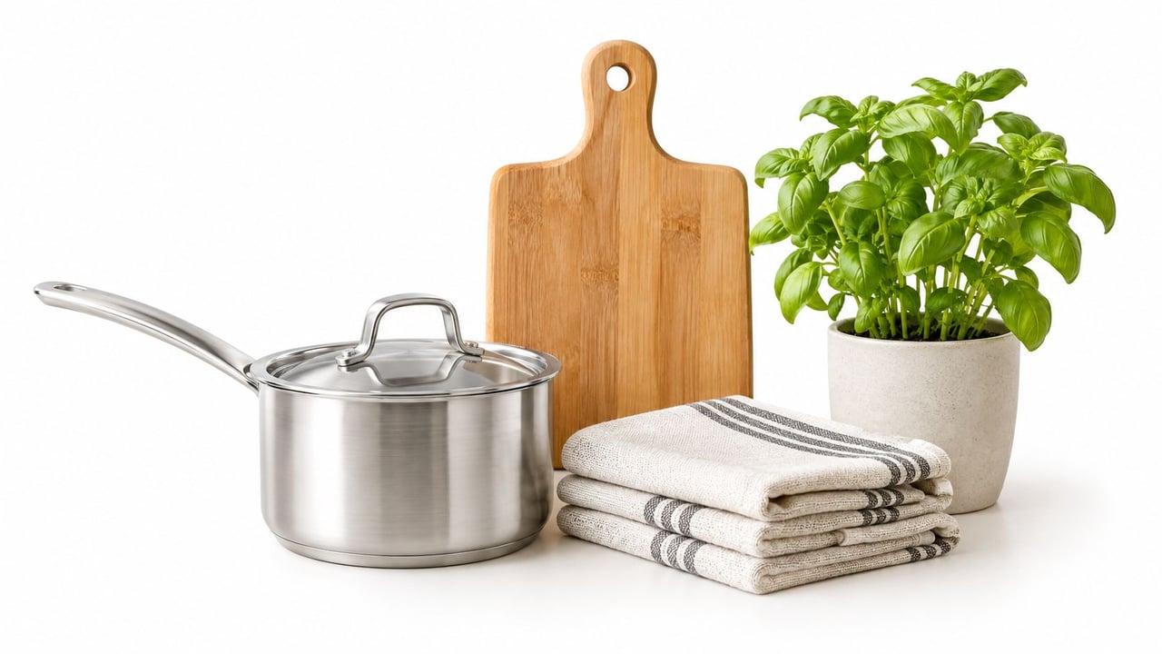 A stainless steel saucepan, a wooden cutting board, folded tea towels, and a potted basil plant.