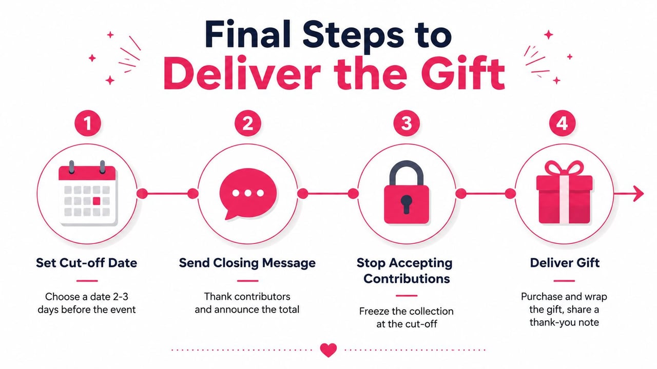 A four-step infographic illustrating the process of finalizing and delivering a group gift collection.