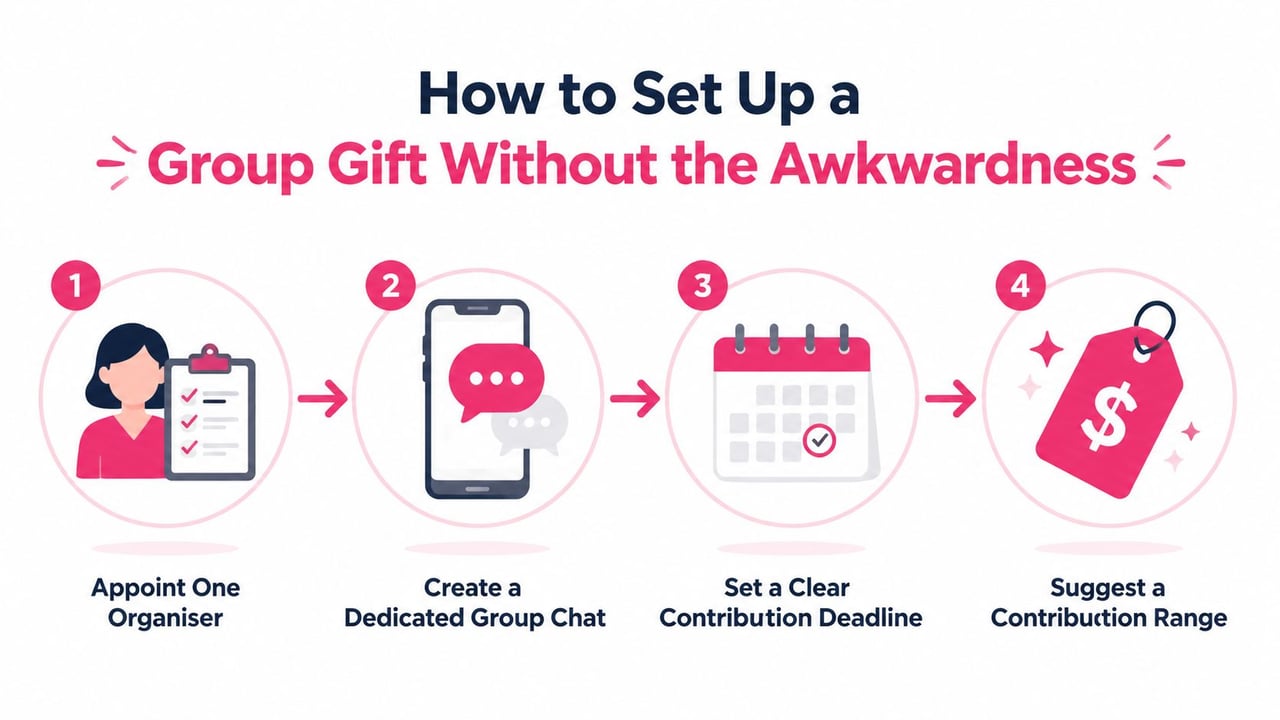 A four-step infographic illustration showing how to organize a group gift without any social awkwardness.