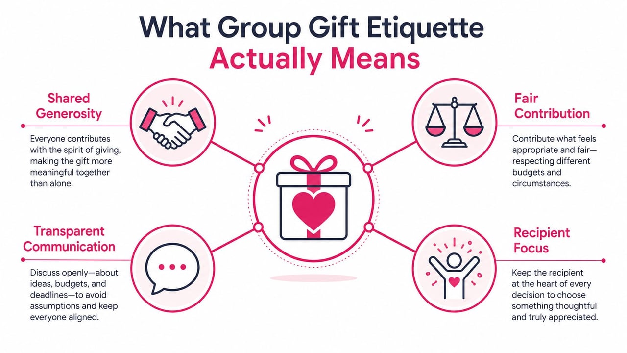 An infographic illustrating four key principles of group gift etiquette: shared generosity, fair contribution, transparent communication, and recipient focus.