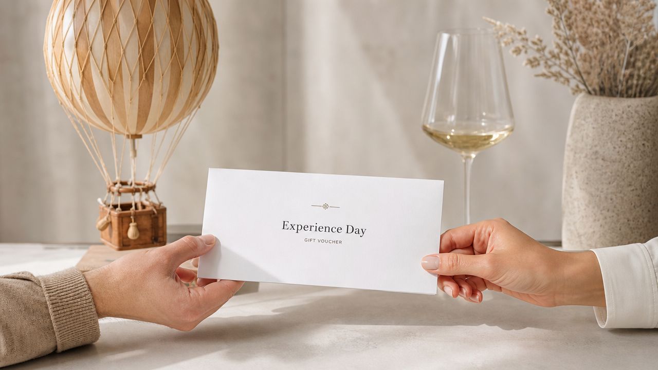 A person handing a white Experience Day gift voucher to another person across a table.