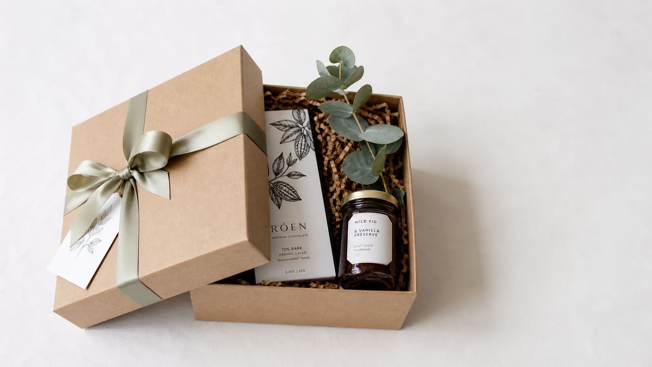 A premium gift box containing artisan chocolate, wild fig preserves, and eucalyptus on a white surface.