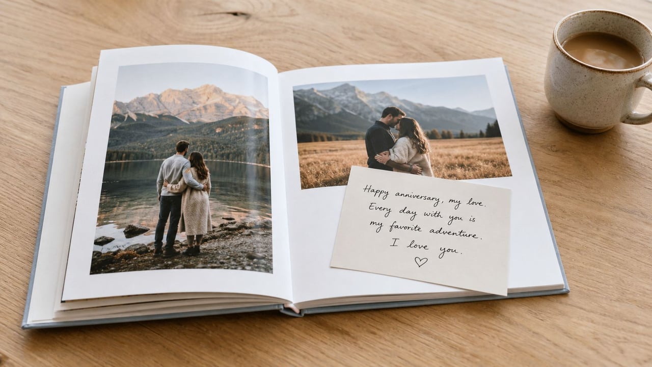 A photo album on a wooden table open to a heartfelt anniversary message next to a coffee mug.