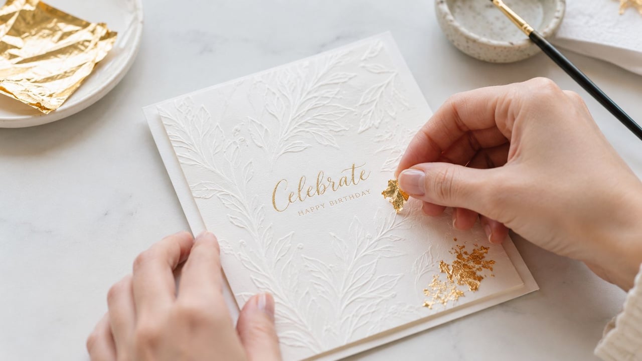 A pair of hands carefully applies gold leaf to a textured, embossed handmade birthday greeting card.
