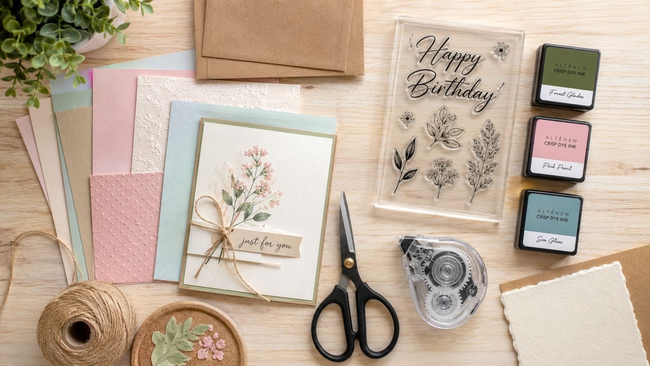 A flatlay of craft supplies for making a handmade birthday greeting card on a wooden table.