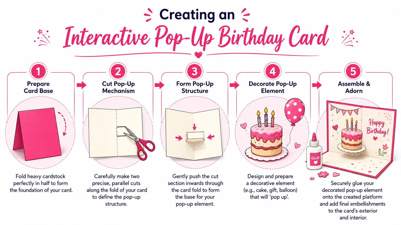 A step-by-step infographic illustrating how to construct an interactive pop-up birthday greeting card using five simple steps.