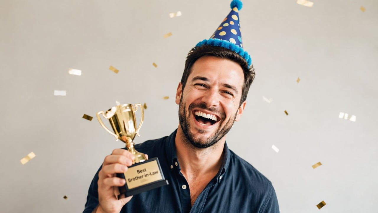 A happy man wearing a party hat holds a gold trophy labeled Best Brother-in-Law with confetti.