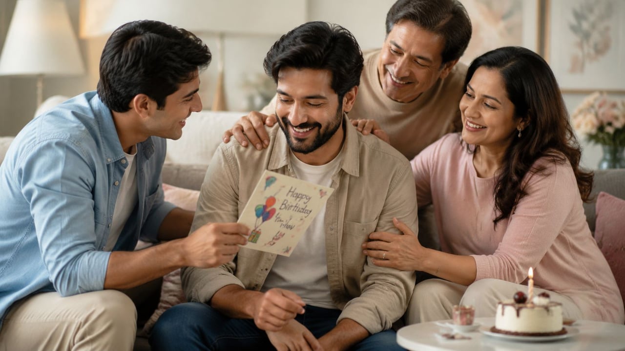 A happy family celebrating a birthday together at home with a greeting card and a cake.