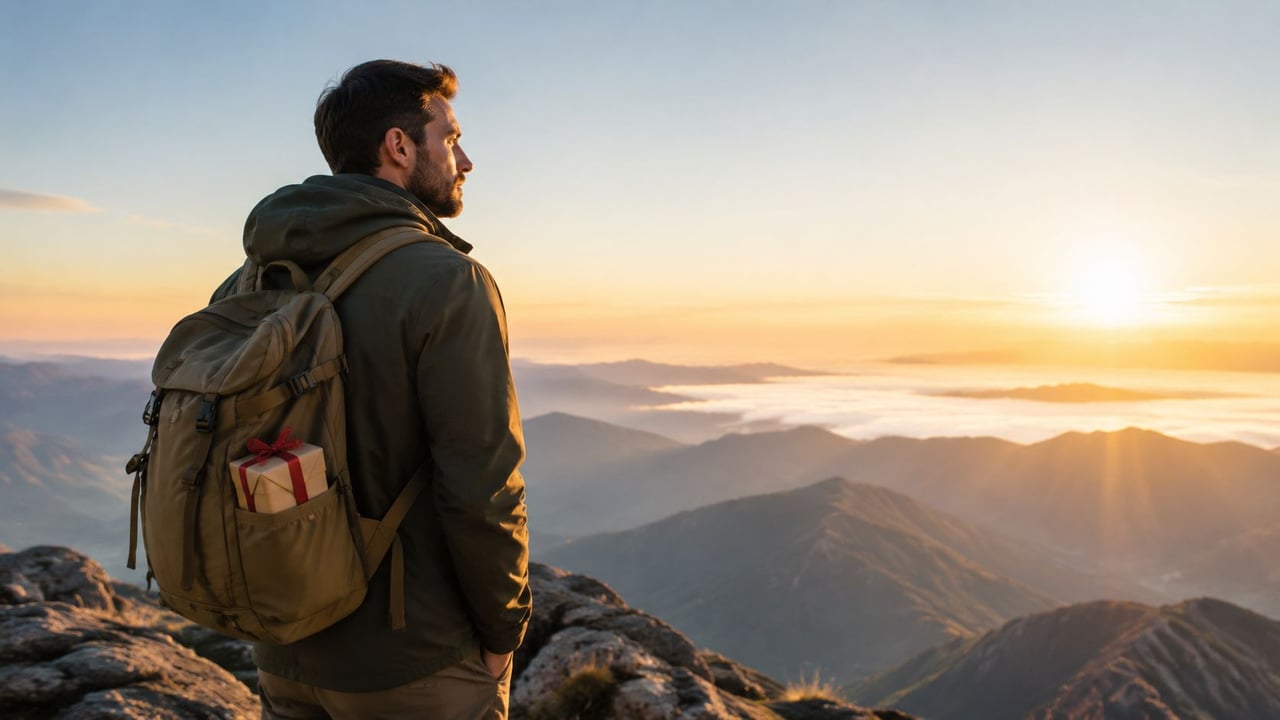 A man with a backpack holding a gift box stands on a mountain looking at the sunrise.