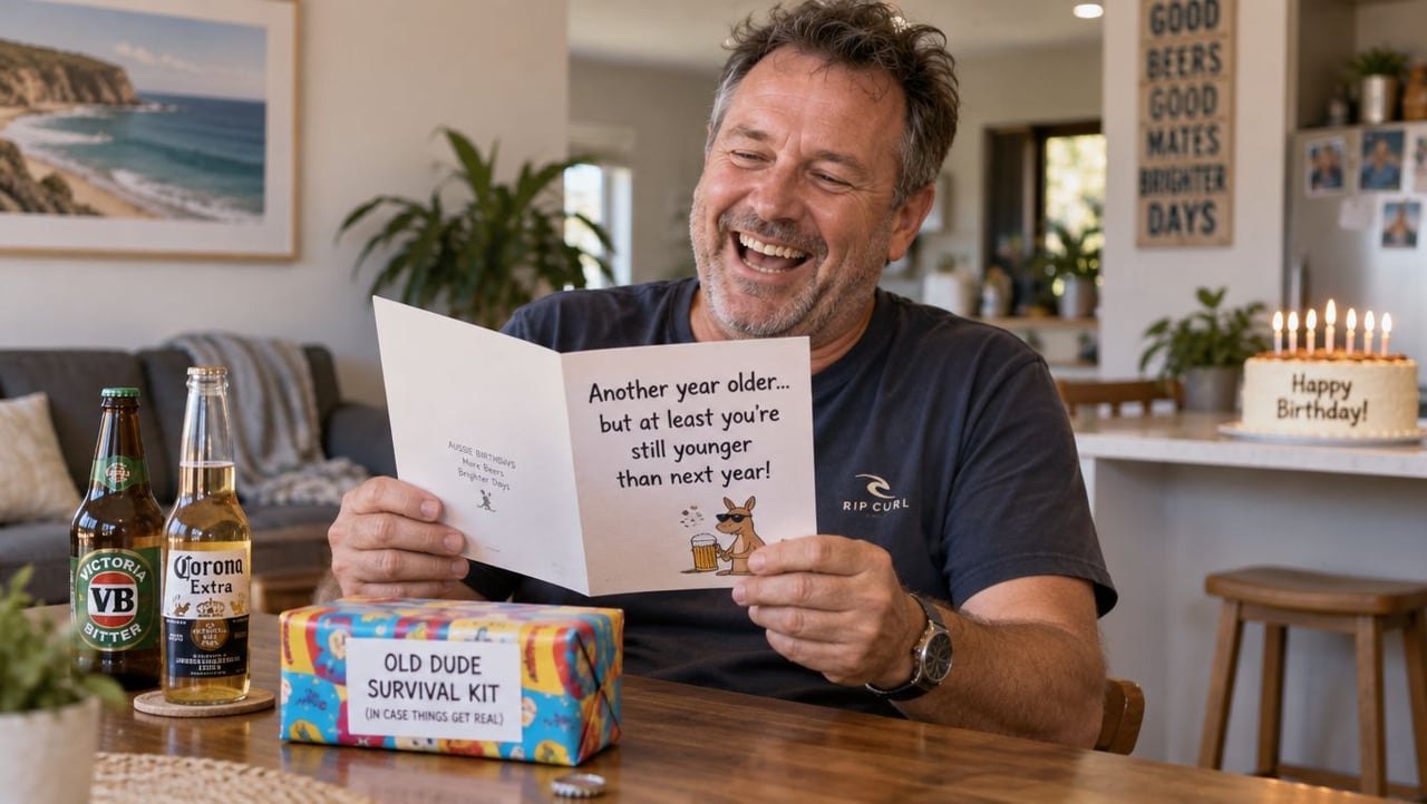 A middle-aged man laughs while reading a funny birthday card next to birthday gifts and cake.