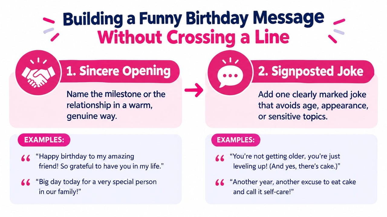 An infographic showing two steps for building a funny birthday message without crossing a social line.