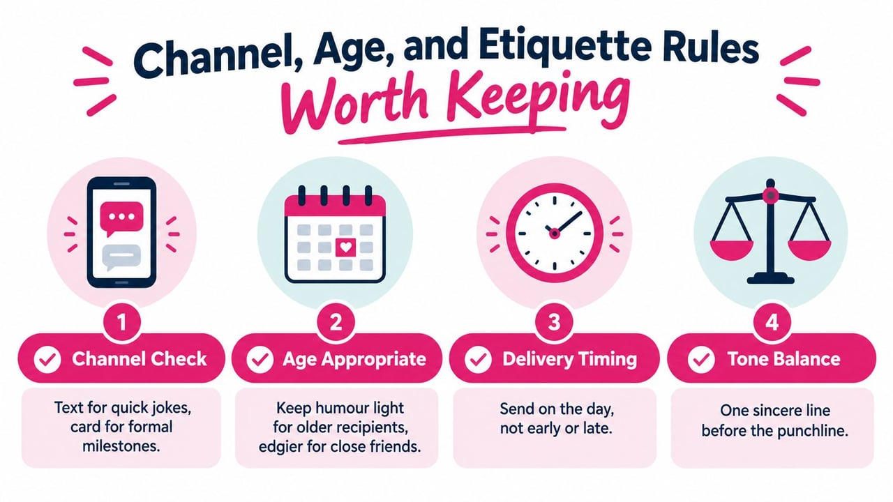 An infographic titled Channel, Age, and Etiquette Rules Worth Keeping with four numbered tips for sending birthday humor.