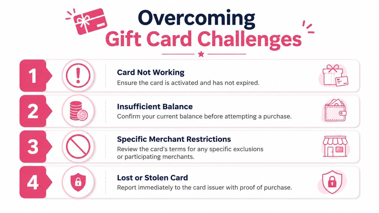 A list of four common problems and solutions for resolving gift card issues efficiently.