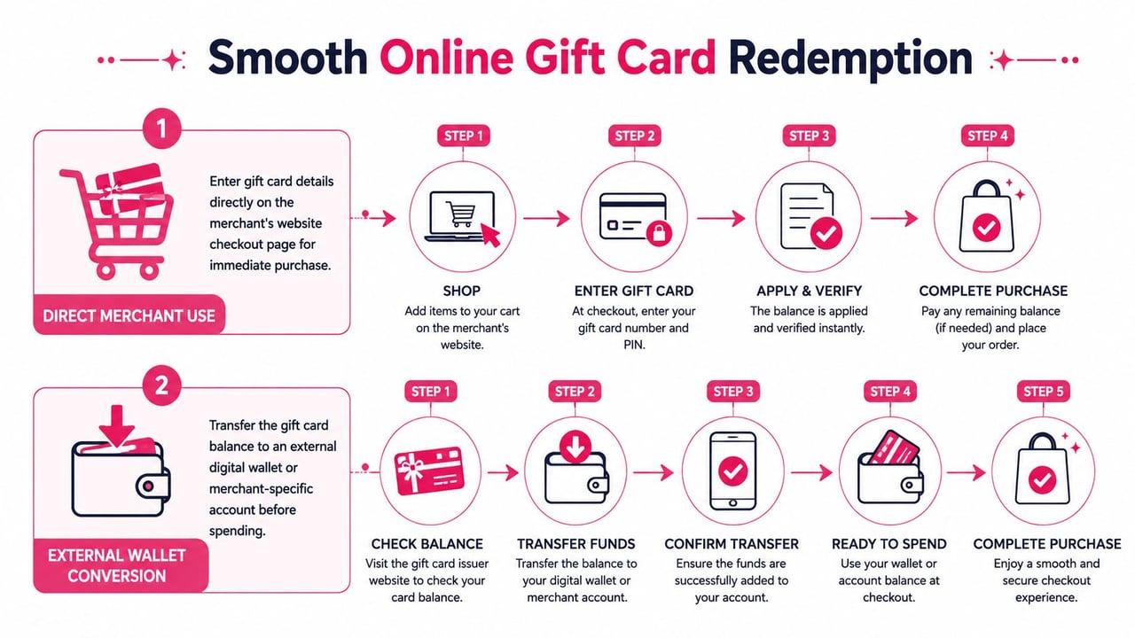 An infographic detailing two methods for smooth online gift card redemption via direct use or wallet conversion.